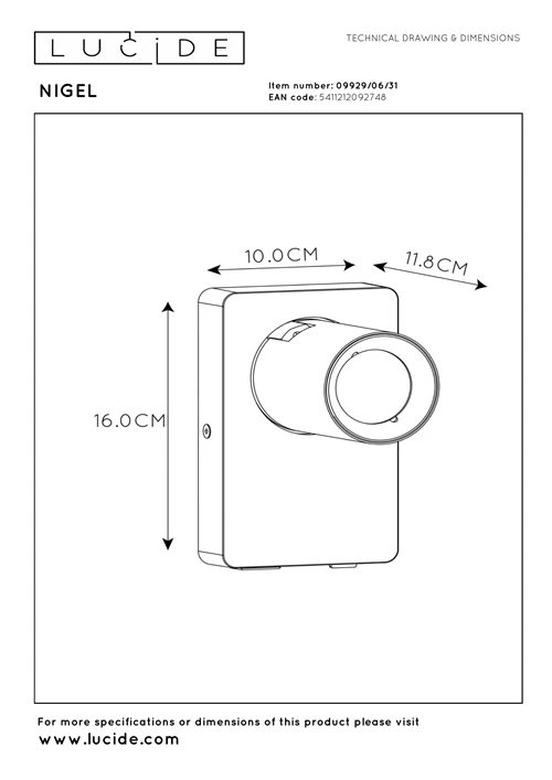 Lucide NIGEL - Bettlampe / Wandleuchte - LED Dim to warm - GU10 - 1x5W 2200K/3000K - Mit USB-Ladepunkt - Weiß - technisch